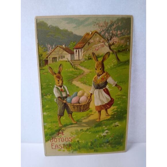 Easter Postcard Fantasy Dressed Rabbits Bunnies Painted Eggs BW 313 German 1909 - Picture 2 of 3